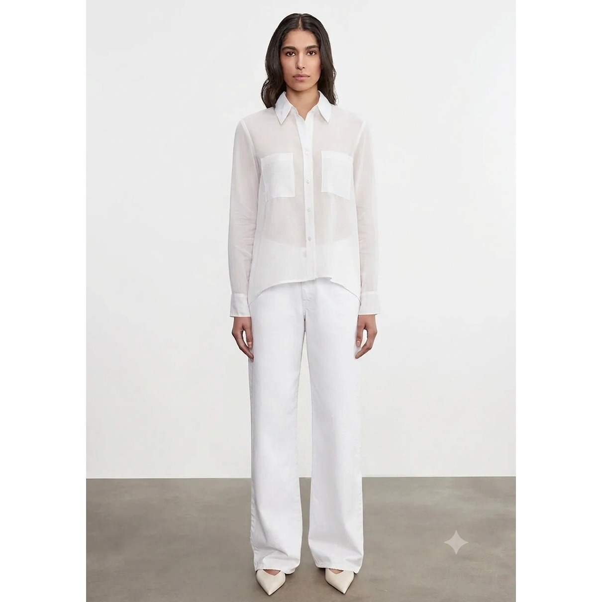 Enza Costa Cotton Organza Fitted Shirt Women Medium White Sheer Cotton Button Up